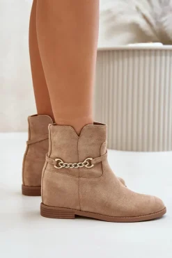 Botki Damskie Na Ukrytym Koturnie Z Eko Zamszu Beżowe Ofcorna