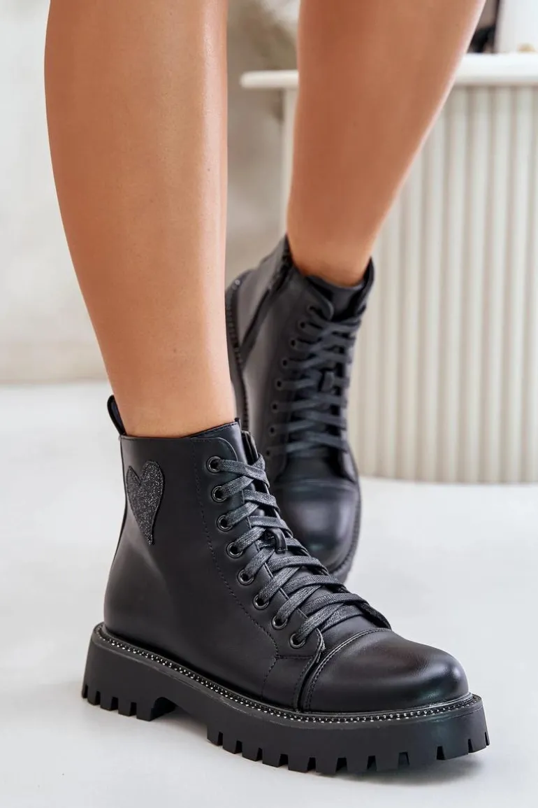 Botki Damskie Na Zamek Z Ozdobnym Sercem Czarne Obeena