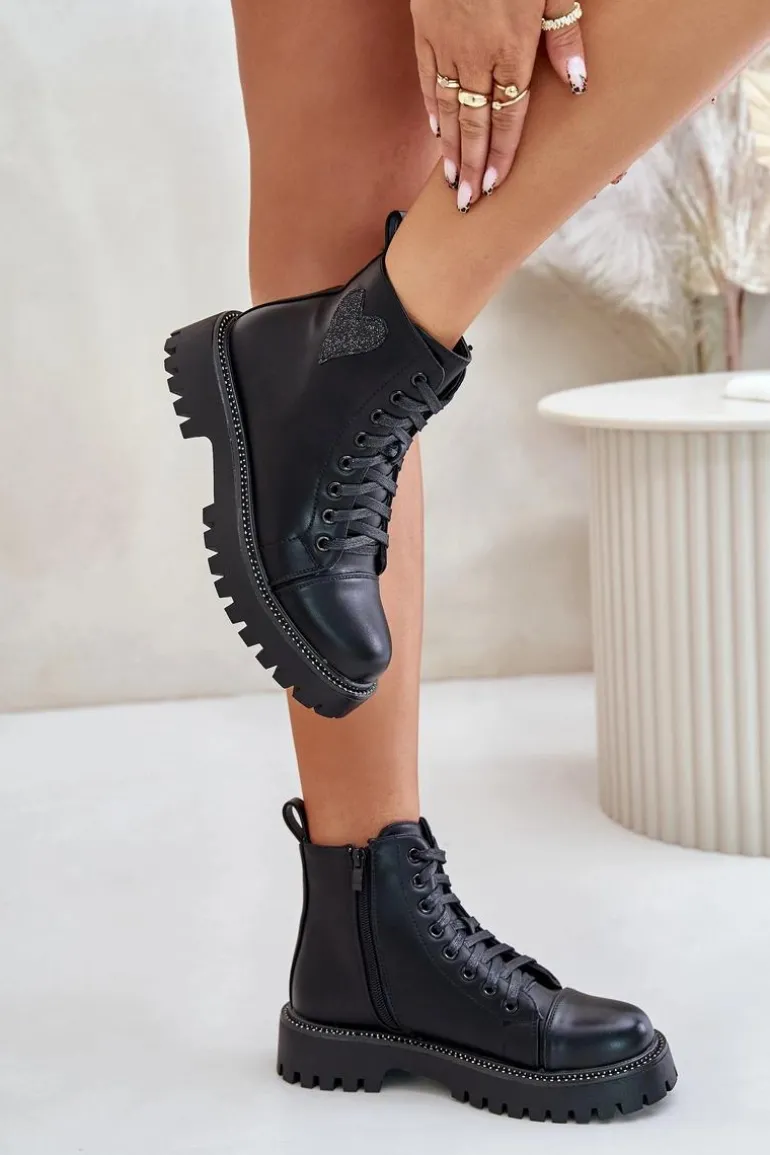 Botki Damskie Na Zamek Z Ozdobnym Sercem Czarne Obeena