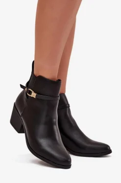 Botki Damskie Na Zamek Z Paseczkiem I Złotym Detalem Czarne Zelinae