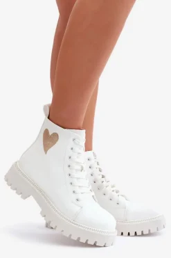 Botki Damskie Na Zamek Z Ozdobnym Sercem Białe Obeena