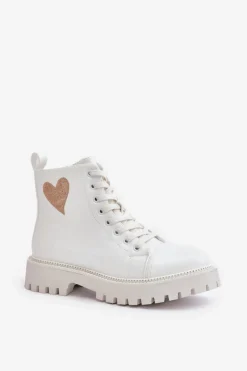 Botki Damskie Na Zamek Z Ozdobnym Sercem Białe Obeena