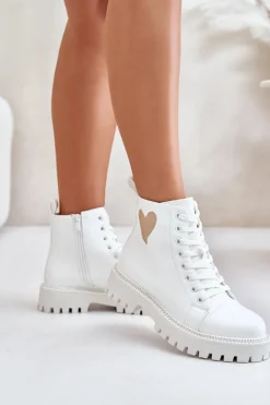 Botki Damskie Na Zamek Z Ozdobnym Sercem Białe Obeena