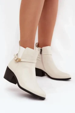 Botki Damskie Na Zamek Z Paseczkiem I Złotym Detalem Jasnobeżowe Zelinae