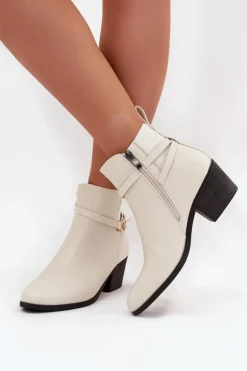 Botki Damskie Na Zamek Z Paseczkiem I Złotym Detalem Jasnobeżowe Zelinae