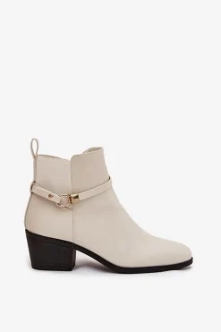 Botki Damskie Na Zamek Z Paseczkiem I Złotym Detalem Jasnobeżowe Zelinae
