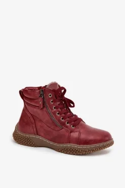 Botki Damskie Ocieplane Futerkiem Z Eko Skóry Bordowe Ulverina