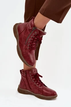 Botki Damskie Ocieplane Futerkiem Z Eko Skóry Bordowe Ulverina