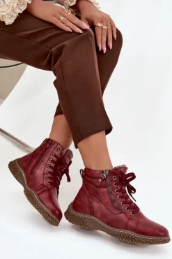 Botki Damskie Ocieplane Futerkiem Z Eko Skóry Bordowe Ulverina