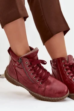 Botki Damskie Ocieplane Futerkiem Z Eko Skóry Bordowe Ulverina