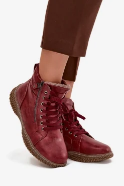 Botki Damskie Ocieplane Futerkiem Z Eko Skóry Bordowe Ulverina