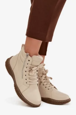 Botki Damskie Ocieplane Futerkiem Z Eko Skóry Beżowe Ulverina