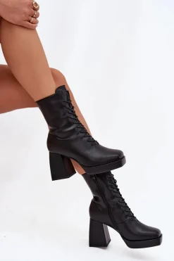 Botki Damskie Ocieplane Na Słupku Ze Sznurowaniem Czarne Juvina