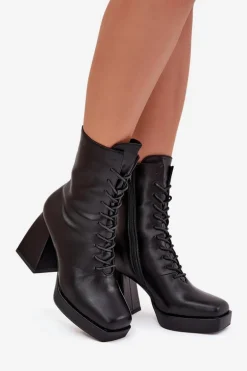 Botki Damskie Ocieplane Na Słupku Ze Sznurowaniem Czarne Juvina