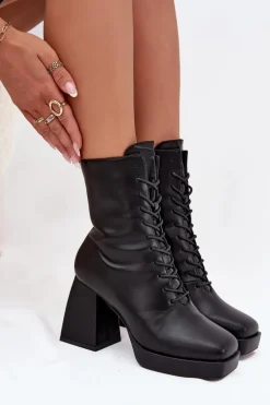 Botki Damskie Ocieplane Na Słupku Ze Sznurowaniem Czarne Juvina