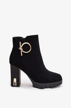 Botki Damskie Ocieplane Na Słupku Ze Złotą Ozdobą Czarne Ysolde