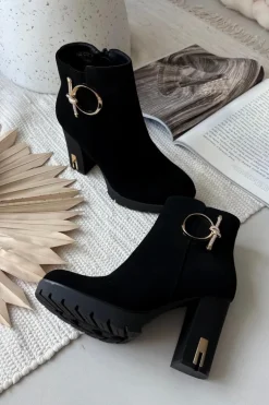 Botki Damskie Ocieplane Na Słupku Ze Złotą Ozdobą Czarne Ysolde