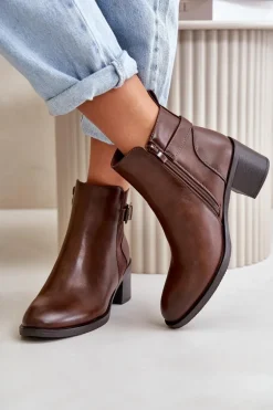 Botki Damskie Ocieplane Na Słupku Z Klamrą Brązowe Nevillira