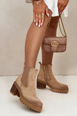 Botki Damskie Ocieplane Na Słupku Eko Zamszowe Beżowe Irissinae