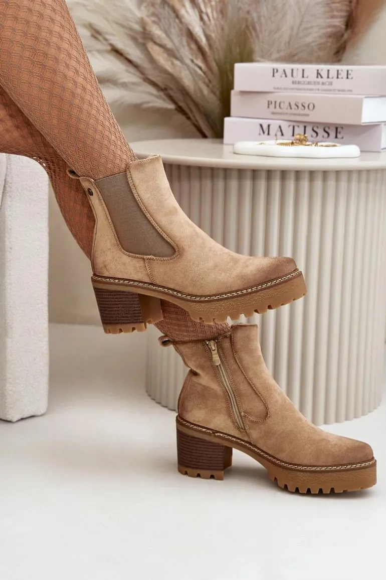 Botki Damskie Ocieplane Na Słupku Eko Zamszowe Beżowe Irissinae