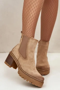 Botki Damskie Ocieplane Na Słupku Eko Zamszowe Beżowe Irissinae