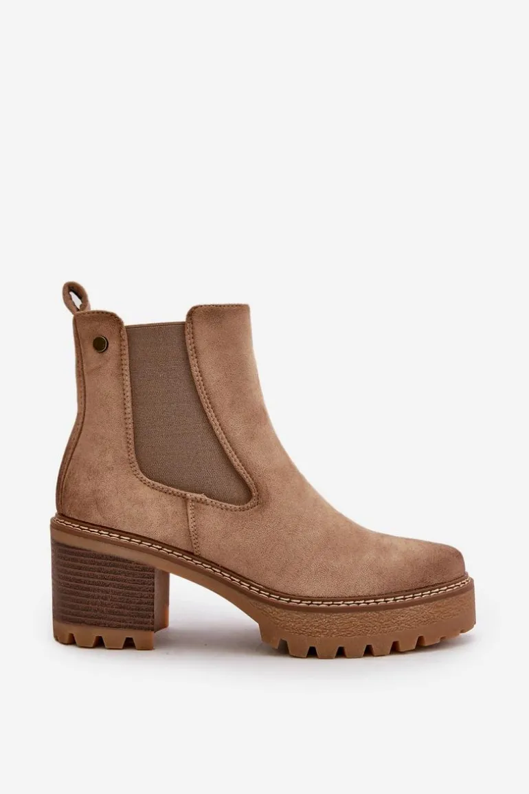 Botki Damskie Ocieplane Na Słupku Eko Zamszowe Beżowe Irissinae