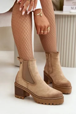 Botki Damskie Ocieplane Na Słupku Eko Zamszowe Beżowe Irissinae