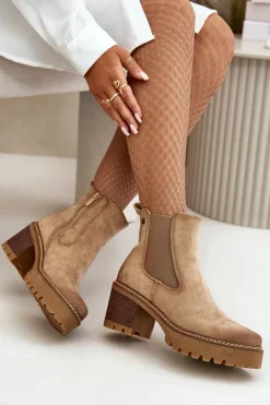 Botki Damskie Ocieplane Na Słupku Eko Zamszowe Beżowe Irissinae