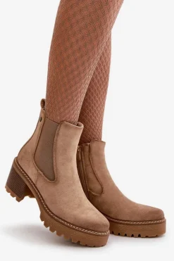 Botki Damskie Ocieplane Na Słupku Eko Zamszowe Beżowe Irissinae