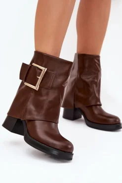 Botki Damskie Ocieplane Na Słupku Ze Złotą Klamrą Brązowe Milira