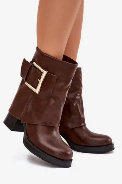 Botki Damskie Ocieplane Na Słupku Ze Złotą Klamrą Brązowe Milira