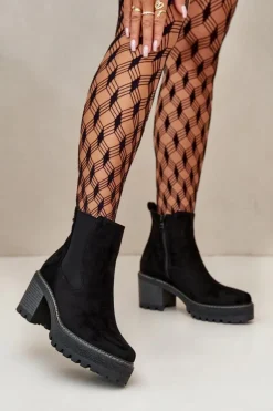 Botki Damskie Ocieplane Na Słupku Eko Zamszowe Czarne Irissinae