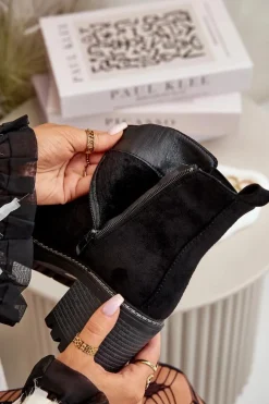 Botki Damskie Ocieplane Na Słupku Eko Zamszowe Czarne Irissinae