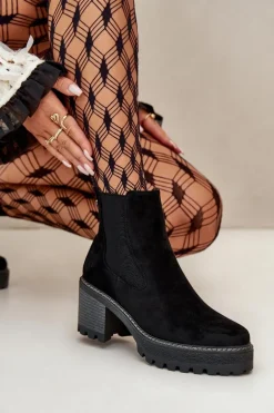 Botki Damskie Ocieplane Na Słupku Eko Zamszowe Czarne Irissinae