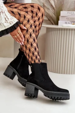 Botki Damskie Ocieplane Na Słupku Eko Zamszowe Czarne Irissinae