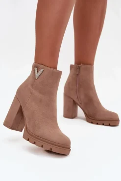 Botki Damskie Ocieplane Na Słupku Z Ozdobnym Detalem Beżowe Briella