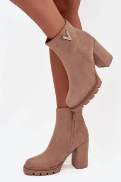 Botki Damskie Ocieplane Na Słupku Z Ozdobnym Detalem Beżowe Briella