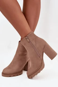 Botki Damskie Ocieplane Na Słupku Z Ozdobnym Detalem Beżowe Briella