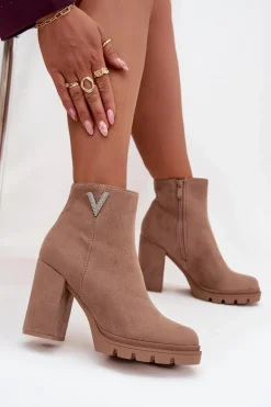 Botki Damskie Ocieplane Na Słupku Z Ozdobnym Detalem Beżowe Briella