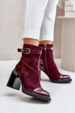 Botki Damskie Ocieplane Na Obcasie Słupku Z Ozdobną Klamrą D&A MR880-085 Bordowe
