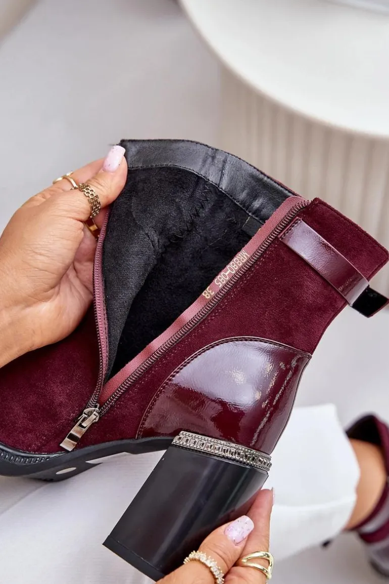 Botki Damskie Ocieplane Na Obcasie Słupku Z Ozdobną Klamrą D&A MR880-085 Bordowe