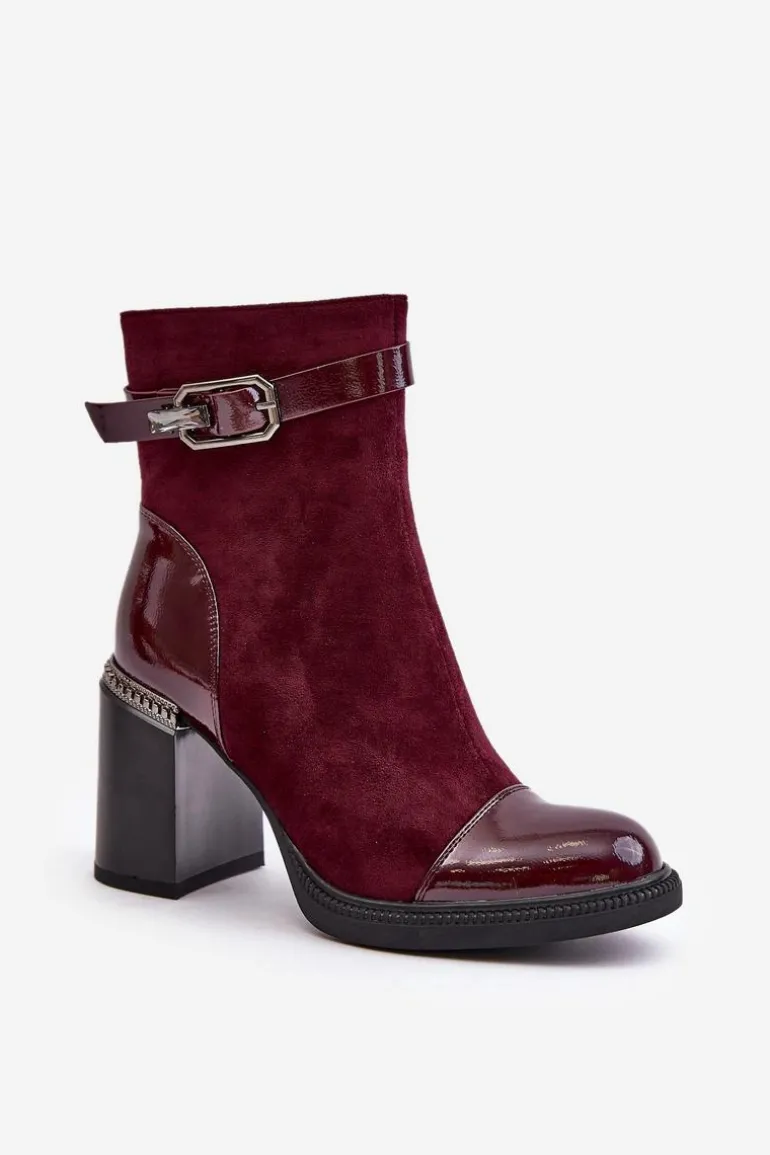 Botki Damskie Ocieplane Na Obcasie Słupku Z Ozdobną Klamrą D&A MR880-085 Bordowe