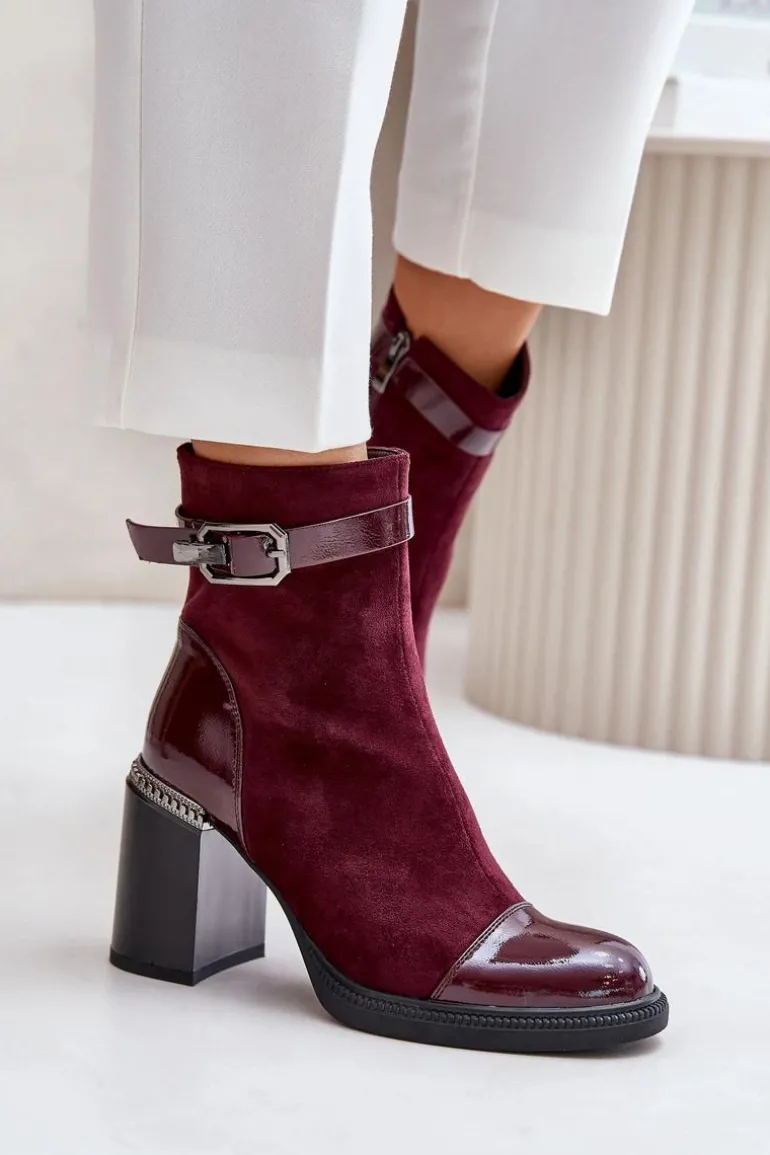 Botki Damskie Ocieplane Na Obcasie Słupku Z Ozdobną Klamrą D&A MR880-085 Bordowe