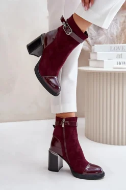 Botki Damskie Ocieplane Na Obcasie Słupku Z Ozdobną Klamrą D&A MR880-085 Bordowe