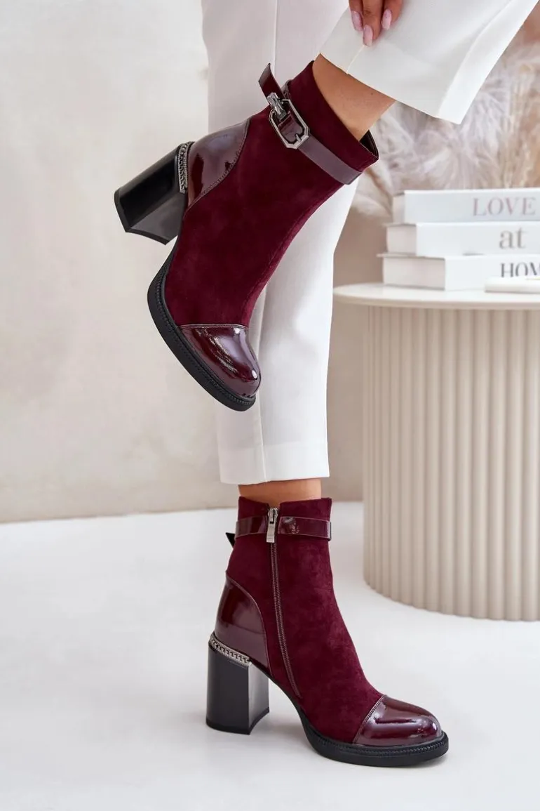 Botki Damskie Ocieplane Na Obcasie Słupku Z Ozdobną Klamrą D&A MR880-085 Bordowe