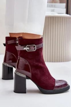 Botki Damskie Ocieplane Na Obcasie Słupku Z Ozdobną Klamrą D&A MR880-085 Bordowe