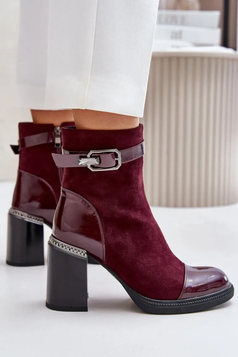 Botki Damskie Ocieplane Na Obcasie Słupku Z Ozdobną Klamrą D&A MR880-085 Bordowe