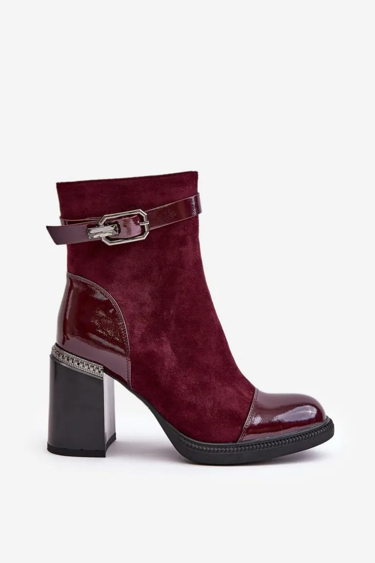 Botki Damskie Ocieplane Na Obcasie Słupku Z Ozdobną Klamrą D&A MR880-085 Bordowe