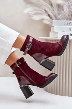Botki Damskie Ocieplane Na Obcasie Słupku Z Ozdobną Klamrą D&A MR880-085 Bordowe