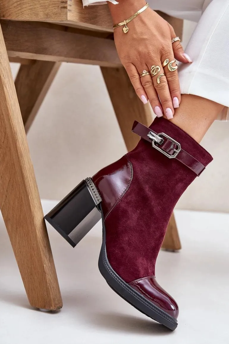 Botki Damskie Ocieplane Na Obcasie Słupku Z Ozdobną Klamrą D&A MR880-085 Bordowe